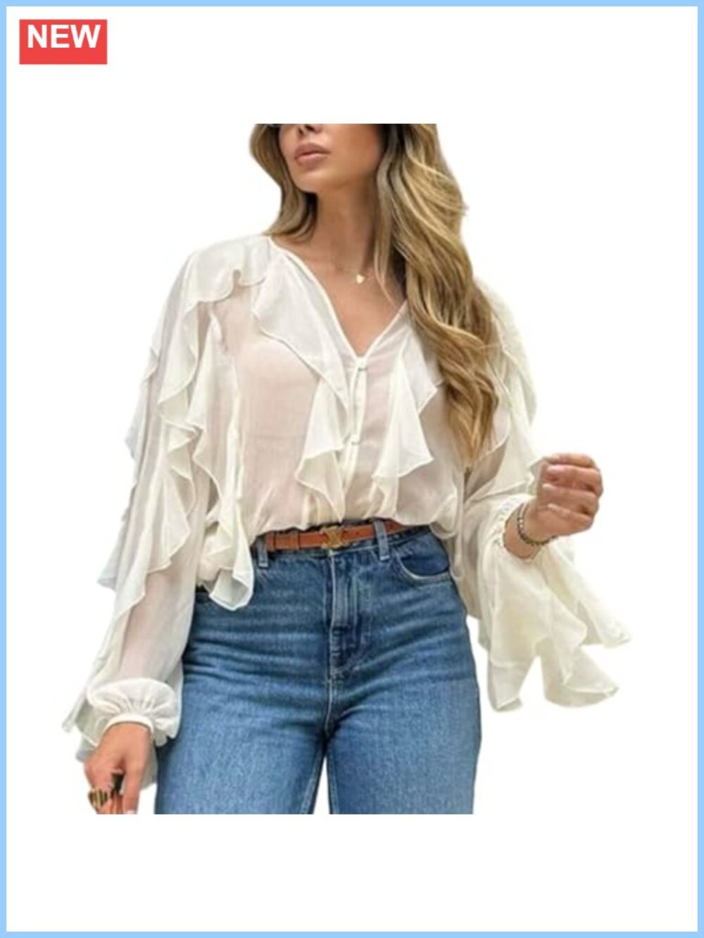 Sheer Chiffon Ruffle Blouse V-Neck Puff Sleeve Elegant Top